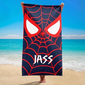 Toalla de playa personalizada de superhéroe araña, toalla de piscina de verano con nombre personalizado, araña giratoria, toalla de araña fantasma, toalla de playa de regalo de Spiderman imagen 2