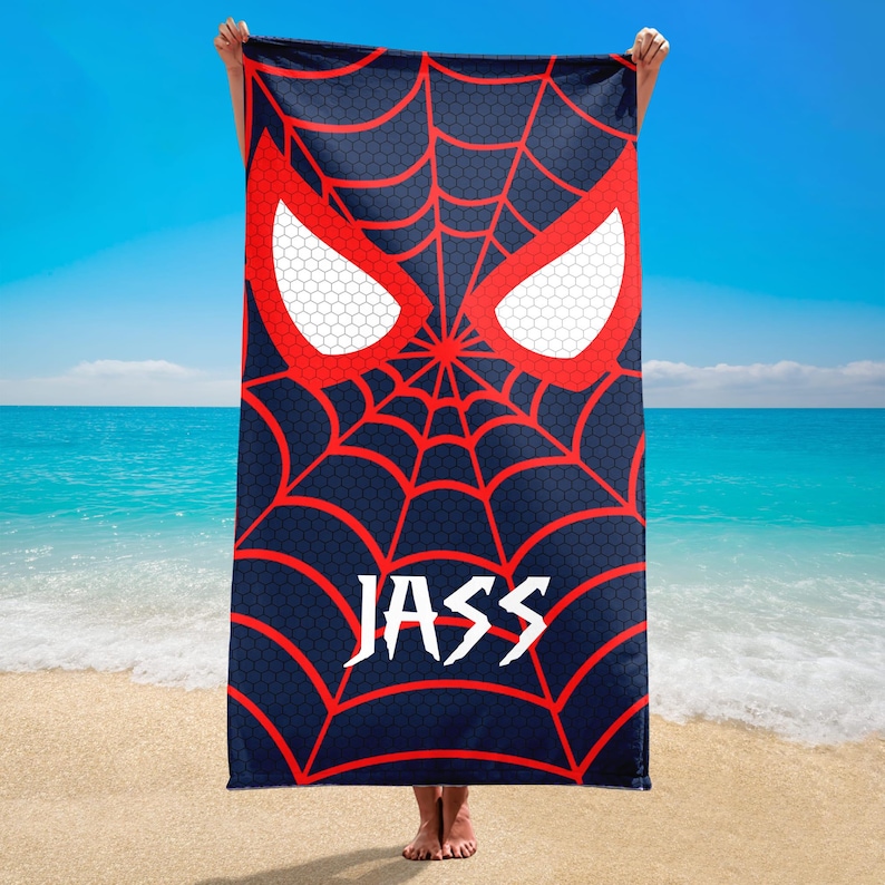 Toalla de playa personalizada de superhéroe araña, toalla de piscina de verano con nombre personalizado, araña giratoria, toalla de araña fantasma, toalla de playa de regalo de Spiderman imagen 2