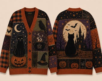 Halloween Patchwork Black Cat Cardigan for Women 2026, Witchy Pumpkin Sweater, Witchy Moon Bat Cardigan For Her, Spooky Season 2026