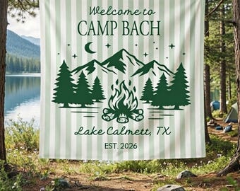 Personalized Welcome to Camp Bachelorette Banner, Glamping Bach Party Tapestry Custom, Camping Decor, Last Trail Bridal Welcome Sign