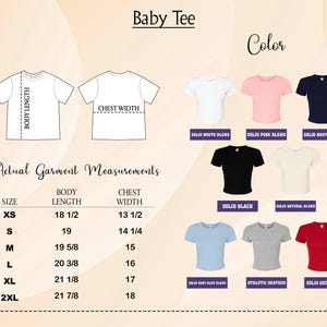 May include: A product image displaying a variety of baby tee shirt colors and sizes. The image includes a size chart with measurements in inches, and a color chart with options like white, pink, navy, black, and red. The text "Baby Tee" is at the top.