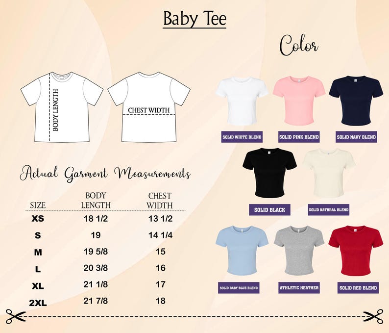 May include: A product image displaying a variety of baby tee shirt colors and sizes. The image includes a size chart with measurements in inches, and a color chart with options like white, pink, navy, black, and red. The text "Baby Tee" is at the top.
