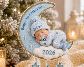 Personalized Baby First Christmas On The Moon, Moon and Stars Acrylic Ornament With Name, Newborn Keepsake Gift 2026, Baby Xmas Decor