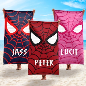Toalla de playa personalizada de superhéroe araña, toalla de piscina de verano con nombre personalizado, araña giratoria, toalla de araña fantasma, toalla de playa de regalo de Spiderman imagen 1
