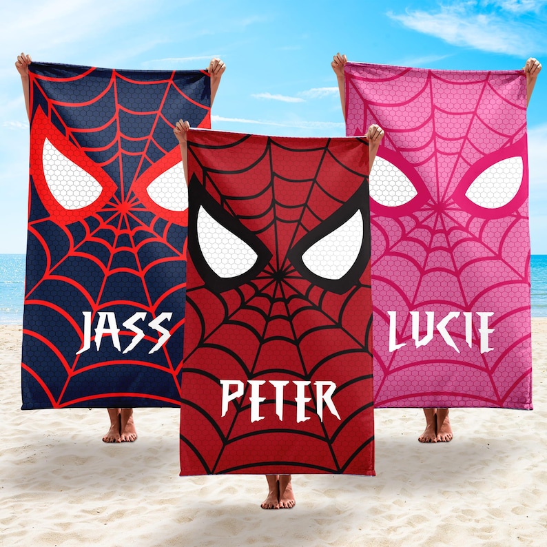 Toalla de playa personalizada de superhéroe araña, toalla de piscina de verano con nombre personalizado, araña giratoria, toalla de araña fantasma, toalla de playa de regalo de Spiderman imagen 1