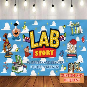 Disney Toy Story Lab Week 2026 Backdrop Banner, Buzz Lightyear Woody Lab Story Backdrop, Lab Team, Laboratory Office Banner