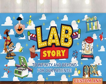 Banner de fondo para la Semana del Laboratorio de Toy Story de Disney 2026, fondo de la historia del laboratorio de Buzz Lightyear y Woody, equipo del laboratorio, banner para la oficina del laboratorio