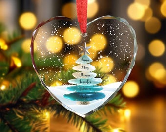 Custom 2D Flat Sea Glass Christmas Tree Glass Ornament, Personalized Family Gift Decor, Sea Glass Holiday Keepsake, Beach Snow Style