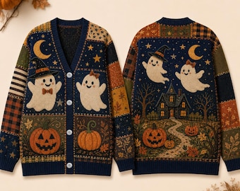Halloween Ghost Patchwork Cardigan For Women, Halloween Sweater 2026, Spooky Ghost Pumpkin Top, Witch Haunted Fall Pumpkin Cardigan