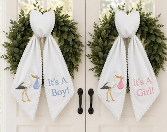 Embroidered Baby Announcement Stork Wreath Sash,Embroidered Stork Door Bow, It’s a Boy It’s a Girl, Baby Shower Decor, Stork Embroidery Sash