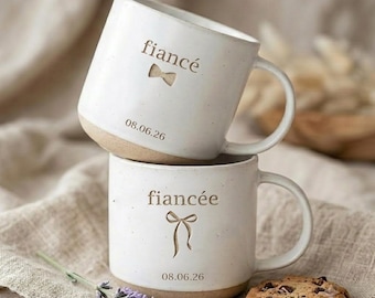 Personalized Fiancé Fiancée Pottery Mugs, Engagement Coffee Cup, Coquette Gift For Couple, Custom Wedding Date Mug, Future Mr And Mrs Gift