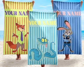 Personalized Disney Zootopia Characters Beach Towel, Disneyland Zootopia Pool Party Towels, Bridesmaid Towel, Zootopia Birthday Gift