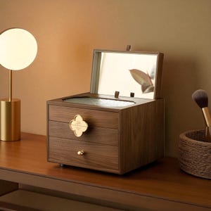 Luxury Wooden Makeup Organizer Box with Mirror – Modern Vanity Storage with Drawers for Jewelry, Skincare, Cosmetics, Desk Decor, Home Decor