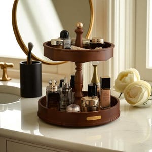 Rotating Wooden Makeup Organizer – 2-Tier Skincare & Perfume Storage – Vanity Caddy for Cosmetics, Serums, Bottles and Jars, Home Decor