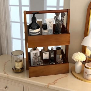2-Tier Wooden Cosmetic Organizer – Desktop Makeup Storage Rack for Skincare, Perfume & Brushes – Rustic Vanity Shelf Box, Home Decor