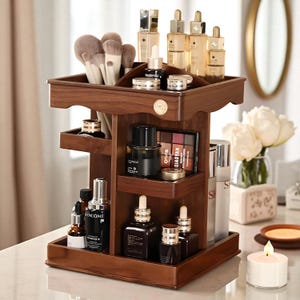 Rotating Wood Makeup Organizer – Modern Vanity Storage Box for Cosmetics, Skincare & Perfume – Bathroom Countertop Organizer, Home decor