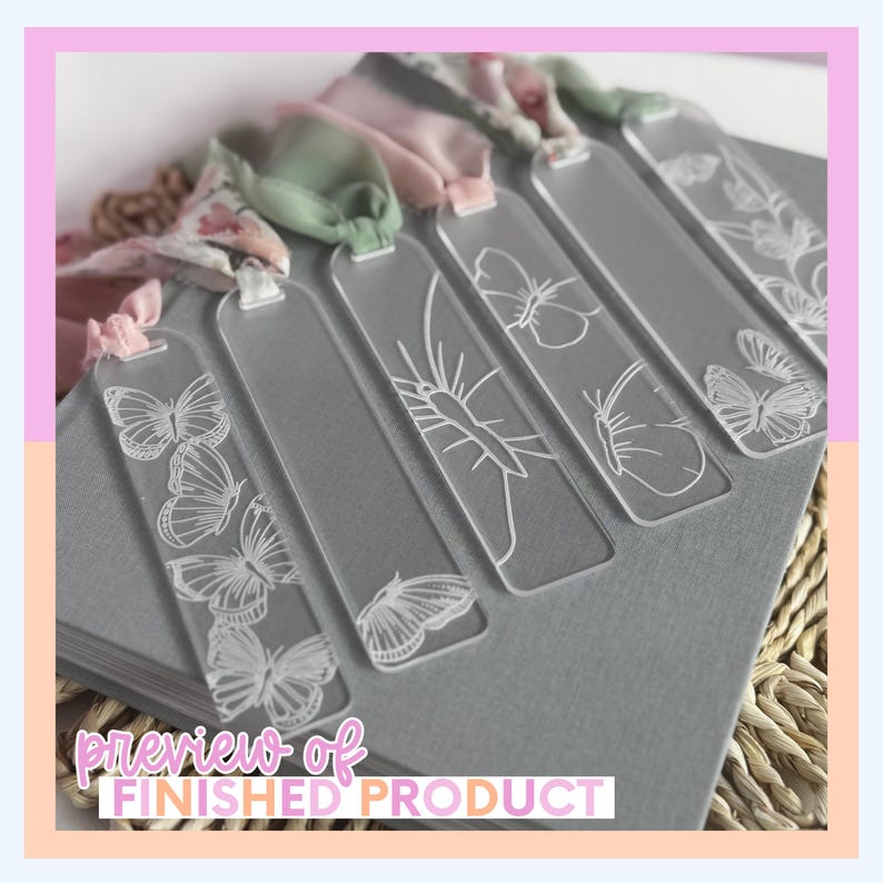 Clear acrylic bookmarks with white butterfly designs and pink ribbons. The bookmarks are arranged on a gray surface, with the text "preview of FINISHED PRODUCT" at the bottom. The bookmarks are a unique gift idea.
Laser Cut Bookmark SVG File Digital Craft Pattern Acrylic Cutting Design Butterfly Elements Nature Inspired Gift Making File Glowforge XTool CO2 Compatible Instant Download Ready Bridesmaid Mothers Day Grandma Present Idea