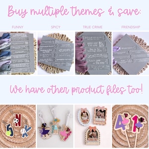 Puede incluir: La imagen presenta varios productos tem&aacute;ticos, incluyendo etiquetas decorativas con frases como "Funny", "Spicy" y "True Crime". Tambi&eacute;n se muestran marcos de fotos, adornos de madera y adornos para pasteles. El texto dice "Buy multiple themes & save:" y "We have other product files too!"