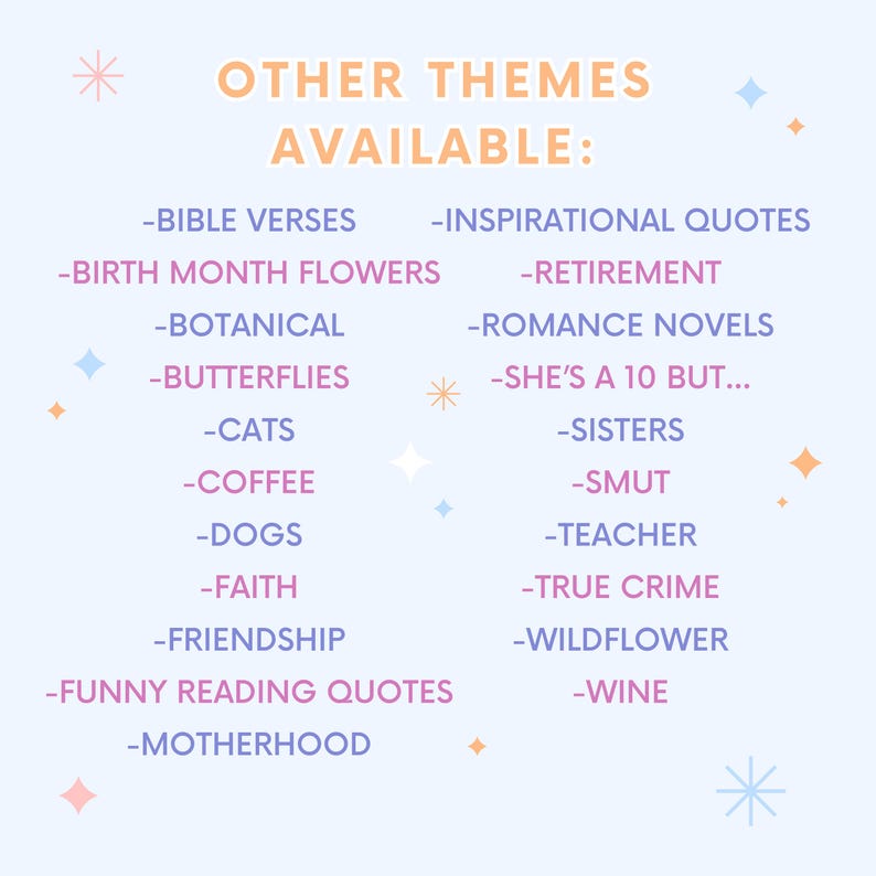 Puede incluir: Gr&aacute;fico azul claro con el texto "OTROS TEMAS DISPONIBLES:" seguido de una lista de temas, incluyendo vers&iacute;culos b&iacute;blicos, gatos, caf&eacute;, perros, amistad y m&aacute;s. Estrellas y brillos decorativos rodean el texto.
