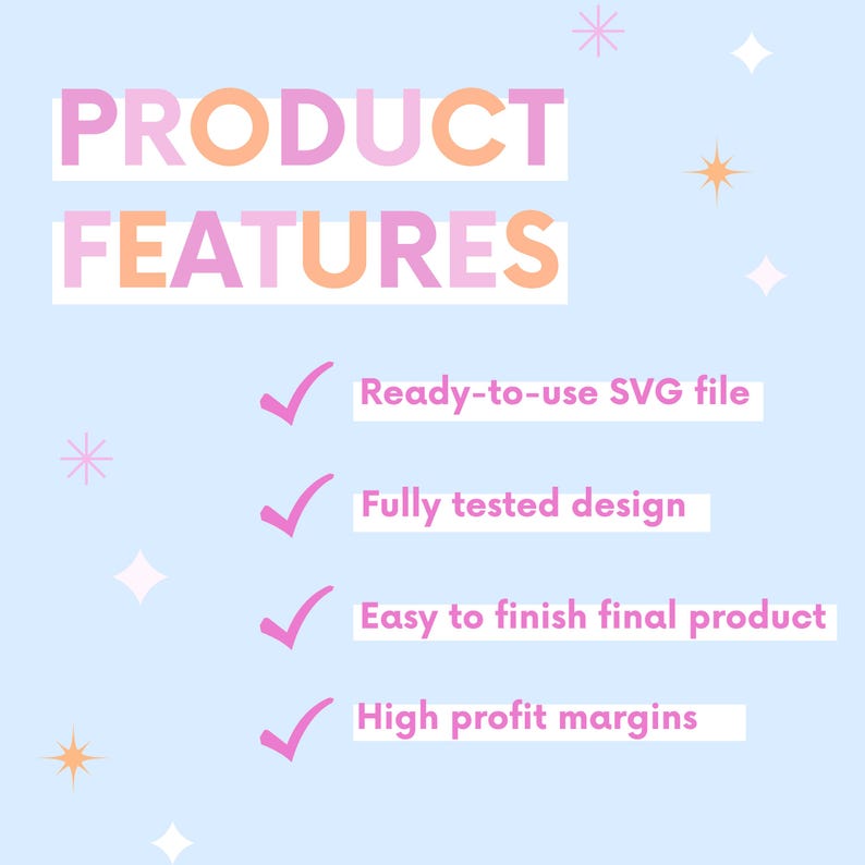Puede incluir: Gr&aacute;fico azul claro con las palabras "PRODUCT FEATURES" en rosa y naranja. El gr&aacute;fico enumera caracter&iacute;sticas que incluyen "Archivo SVG listo para usar", "Dise&ntilde;o totalmente probado" y "Altos m&aacute;rgenes de beneficio".
