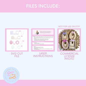 May include: A digital download of a laser cut file for a picture frame with a bow. The file is for commercial use and includes a photo of the finished product. The text "FILES INCLUDE: SVG CUT FILE, LASER INSTRUCTIONS, COMMERCIAL LICENSE PHOTO, NOT FOR USE ON ETSY" is visible in the image.