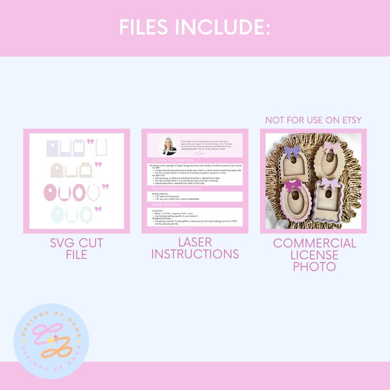 May include: A digital download of a laser cut file for a picture frame with a bow. The file is for commercial use and includes a photo of the finished product. The text "FILES INCLUDE: SVG CUT FILE, LASER INSTRUCTIONS, COMMERCIAL LICENSE PHOTO, NOT FOR USE ON ETSY" is visible in the image.