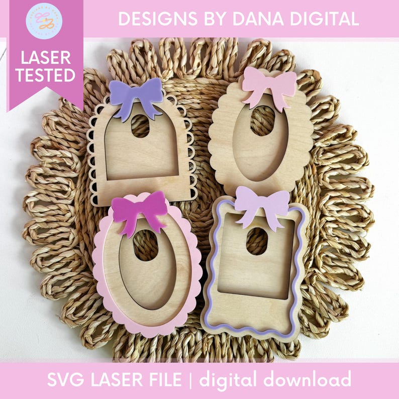 May include: Four unfinished wooden picture frames with scalloped edges and pink and purple bows. The frames are on a woven straw mat.