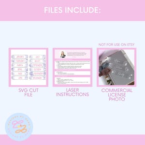 Puede incluir: Un paquete de dise&ntilde;o digital con tres secciones: un archivo de corte SVG con los meses del a&ntilde;o, instrucciones l&aacute;ser y una foto de licencia comercial. El dise&ntilde;o es rosa y blanco, con detalles florales.