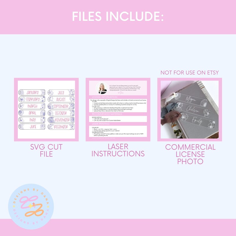Puede incluir: Un paquete de dise&ntilde;o digital con tres secciones: un archivo de corte SVG con los meses del a&ntilde;o, instrucciones l&aacute;ser y una foto de licencia comercial. El dise&ntilde;o es rosa y blanco, con detalles florales.