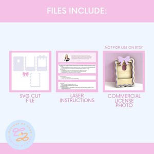 Puede incluir: Un gr&aacute;fico rosa y blanco con el texto "FILES INCLUDE:" en la parte superior. Hay tres im&aacute;genes debajo del texto. La primera imagen es un archivo de corte SVG blanco de un marco con un lazo. La segunda imagen es un gr&aacute;fico rosa y blanco con el texto "LASER INSTRUCTIONS". La tercera imagen es una foto de un marco de madera con un lazo rosa. El texto "COMMERCIAL LICENSE PHOTO" est&aacute; debajo de la imagen. El texto "NOT FOR USE ON ETSY" est&aacute; en la esquina superior derecha del gr&aacute;fico.