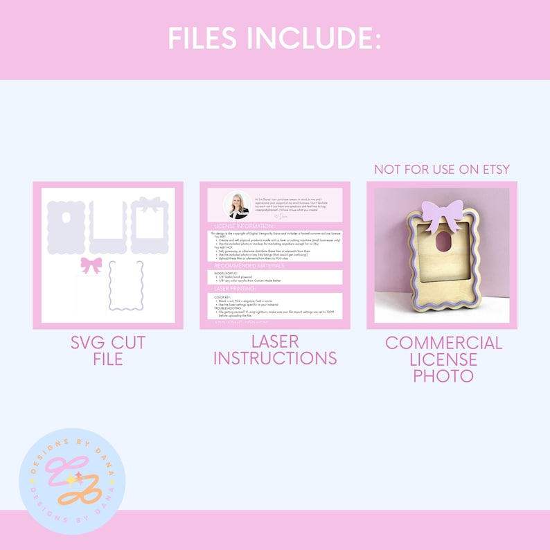 Puede incluir: Un gr&aacute;fico rosa y blanco con el texto "FILES INCLUDE:" en la parte superior. Hay tres im&aacute;genes debajo del texto. La primera imagen es un archivo de corte SVG blanco de un marco con un lazo. La segunda imagen es un gr&aacute;fico rosa y blanco con el texto "LASER INSTRUCTIONS". La tercera imagen es una foto de un marco de madera con un lazo rosa. El texto "COMMERCIAL LICENSE PHOTO" est&aacute; debajo de la imagen. El texto "NOT FOR USE ON ETSY" est&aacute; en la esquina superior derecha del gr&aacute;fico.