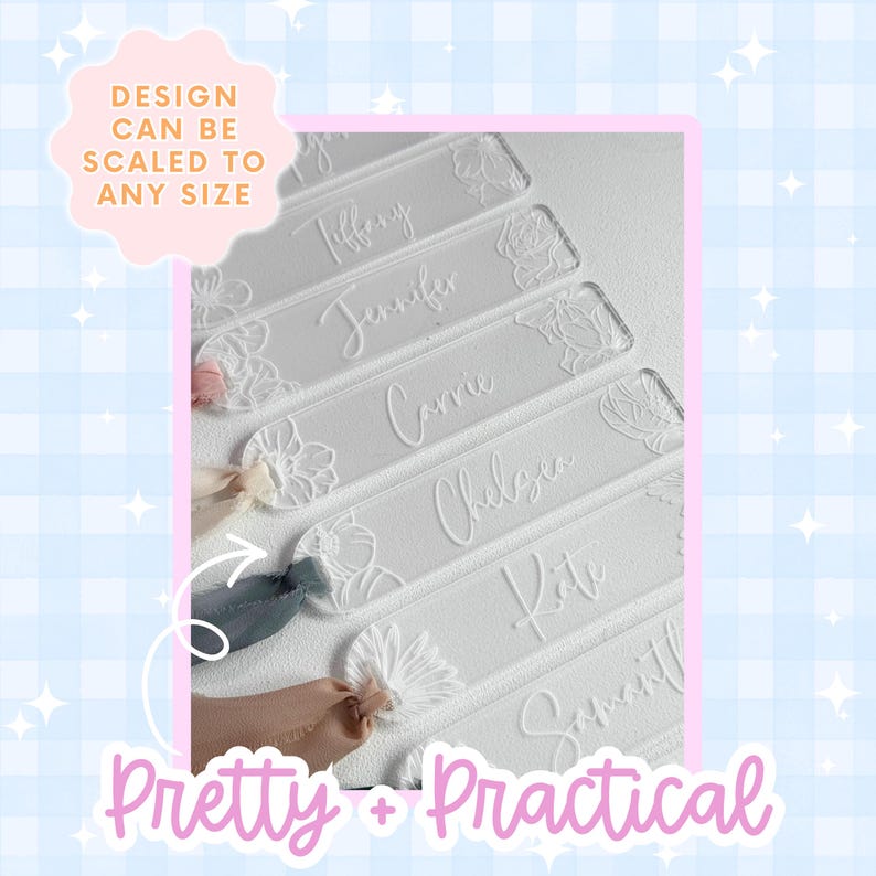 Clear acrylic name tags with floral designs and names like Tiffany, Jennifer, and Carrie. The tags are rectangular with rounded corners and are adorned with delicate floral patterns. The text "DESIGN CAN BE SCALED TO ANY SIZE" and "PRETTY + PRACTICAL" are also visible.
Laser Cut Bookmark Svg File Birth Flower Design Digital Download Custom Acrylic Bookmark Template Personalized Gift For Mothers Day Present Mom Birthday Gift Bridesmaid Keepsake Gift Grandma Floral Svg Design Laser File Glowforge