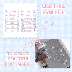 A digital design file featuring monthly labels and bookmarks. The labels are rectangular with floral designs and month names. The bookmarks have names and floral designs. Text reads "USE THIS SVG FILE" and "TO CREATE BEAUTIFUL BOOKMARKS."
Custom Acrylic Bookmark Svg Birth Month Flower Design Digital File Download Laser Cut Template Personalized Mothers Day Gift Present For Mom Bridesmaid Keepsake Gift Grandma Birthday Present Floral Bookmark Svg Laser Cutting File Glowforge