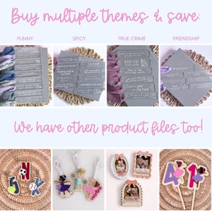 May include: Image features various themed products, including decorative labels with phrases like "Funny" and "Spicy", and photo frames. The text "Buy multiple themes & save" and "We have other product files too!" is also visible.