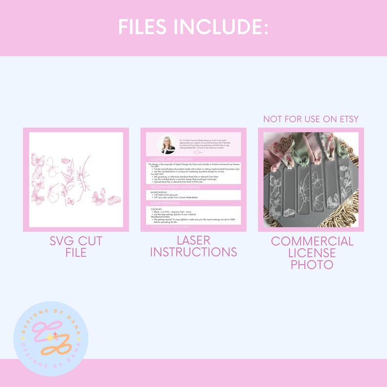 May include: A pink graphic with the text "FILES INCLUDE:" and three smaller images. The images include an SVG cut file, laser instructions, and a commercial license photo. The SVG cut file shows pink butterflies and floral designs.