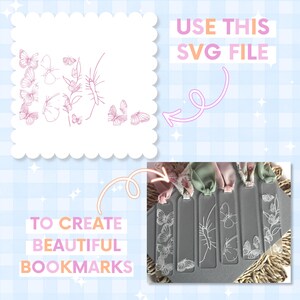 Clear acrylic bookmarks with etched butterfly and floral designs. Each bookmark has a different butterfly or floral pattern. The text "USE THIS SVG FILE" and "TO CREATE BEAUTIFUL BOOKMARKS" is also visible.
Butterfly Bookmark Design SVG File Floral Nature Inspired Pattern Digital Laser Cutting File Acrylic Craft Ready Elegant Gift Idea Bridesmaid Mothers Day Grandma Present Handmade Creation File Glowforge XTool Compatible