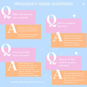 May include: A digital FAQ graphic with a light blue background and pink and orange rectangular text boxes. The text includes questions about file formats, customization, laser settings, and refunds. The website address is www.designsbydana.co.