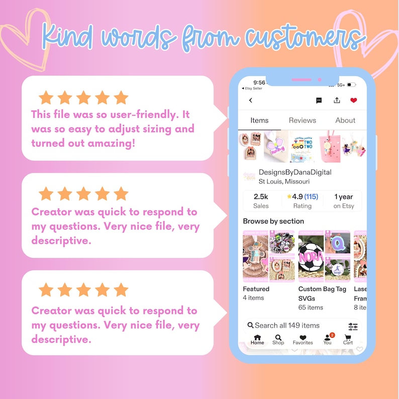 Puede incluir: Una captura de pantalla de una tienda de Etsy, DesignsByDanaDigital, que muestra rese&ntilde;as de clientes. Las rese&ntilde;as destacan la facilidad de uso y la capacidad de respuesta del creador. La tienda tiene 2,5k ventas y una calificaci&oacute;n de 4,9. El fondo es un degradado rosa y naranja.