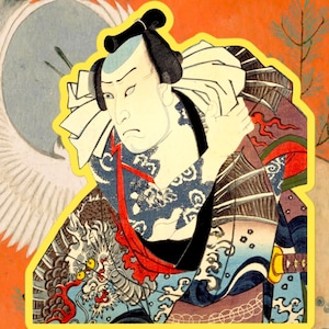 May include: A sticker featuring a detailed illustration of a Japanese Kabuki actor. The actor is depicted with traditional makeup and hairstyle, wearing a colorful kimono with dragon and wave patterns. The background is orange with a crane and tree branches.