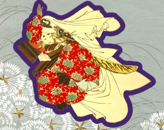 Puede incluir: Ilustración de una figura japonesa con kimono rojo con estampado floral, tocado blanco y abanico a rayas amarillas y negras. Sobre un fondo azul claro con detalles florales blancos y dorados y un borde morado.