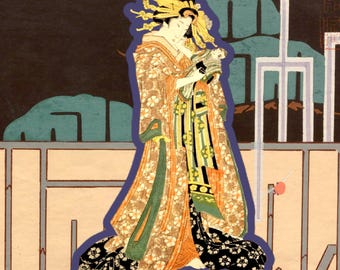 Japanese Ukiyo-e Geisha Sticker, Vintage Kimono Woman Art Decal, Traditional Japan Vinyl Sticker, Elegant Laptop Gift