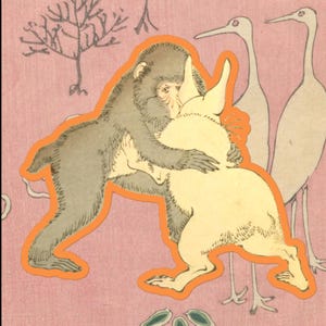 May include: A vintage-style illustration featuring a gray monkey embracing a cream-colored rabbit. The figures are outlined in orange against a pink background, with two white cranes in the background. The artwork has a traditional aesthetic.