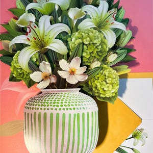 3D Green Lily Bouquet with card & colourful envelope – perfect for Birthday, Mother's Day, Get Well, Sympathy, or Congrats. Blooms forever!