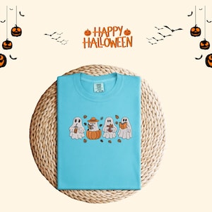 Spooky Ghost Pumpkin Embroidered Shirt – Cute Halloween T-Shirt, Fall Aesthetic Tee, Trick or Treat, Cozy October Outfit