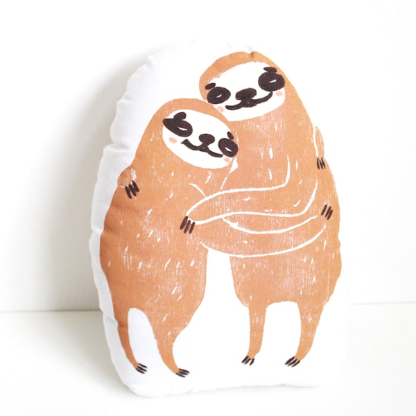 CLEARANCE. Sloth Shaped Animal Pillow. Hugging. Hand Woodblock Printed. Ready to ship.