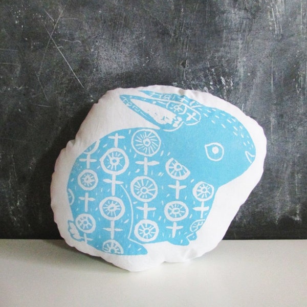 Plush Bunny Pillow. LIMITED EDITION. Hand Woodblock Printed. Ready to Ship.