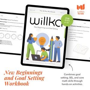 May include: A digital workbook titled "New Beginnings and Goal Setting" for ages 4-10. The cover features illustrations of children, a lightbulb, and a pencil. The workbook combines goal setting, SEL, and core math skills through hands-on activities.