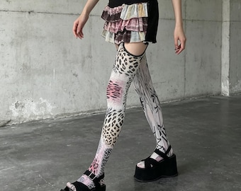 Mismatched Leopard Sketch Cutout Garter Full Footed Pantyhose Y2K Alt Grunge Punk Hosiery