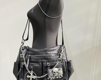 Unisex Goth Skull Messenger Bag Shoulder Bag Trendy Black