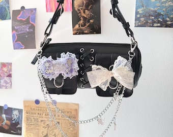Y2K Fairycore Shoulder Bag: Black PU Leather Handbag with Bows